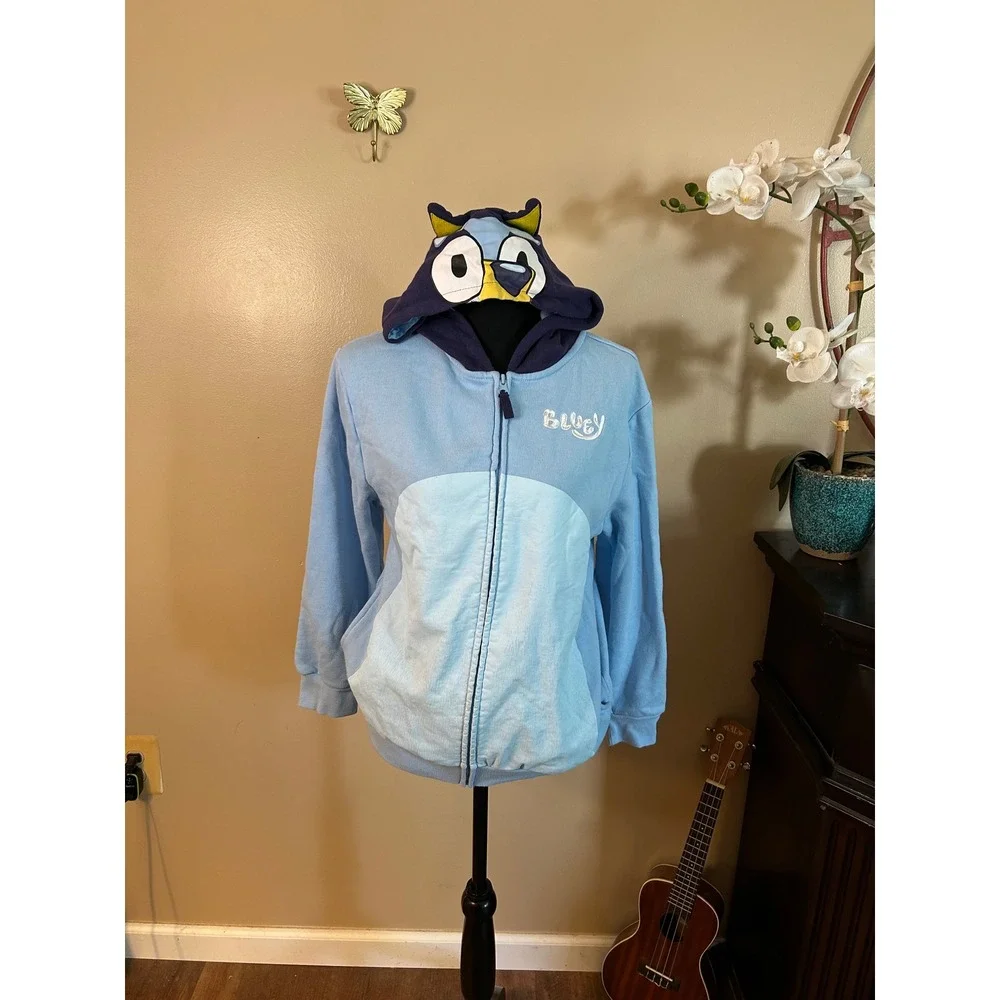 Bluey Kids Zip Up Hoodie Light Blue Character Sweatshirt With Ears Size XL TG